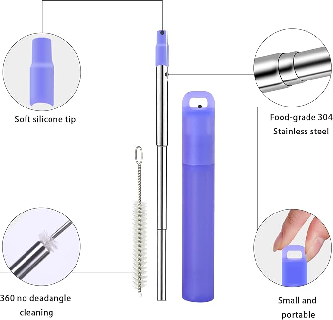 Reusable Metal Straws Travel 3 Pack Collapsible Straw with Case and Cleaning Brush Retractable Portable Pocket Straws