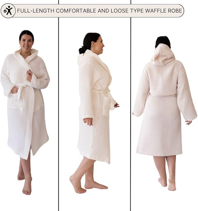 Unisex Hooded Waffle Robe for Women & Men 100% Turkish Cotton | Quick-Dry Bathrobe | Cozy Housecoat for Lounging
