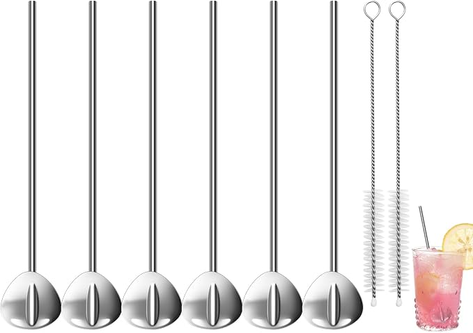 7.5 in Metal Spoon Straws, 6 Pcs Stainless Steel Spoon Straws Reusable, 2 in 1 Drinking Straw and Spoon, Straight Metal Straw with 2 Cleaning Brushes for Tea Coffee Milkshake Cocktail(Silver)