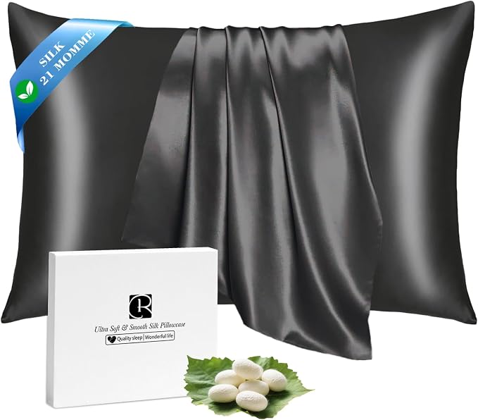 Ravmix Silk Pillow Cases with Zipper, 21momme Mulberry Silk Pillowcase for Hair Skin Health, Soft Smooth Breathable Cool Pillow Cover for Beauty Sleep with Gift Box 1PC(King 20"x36", Black)