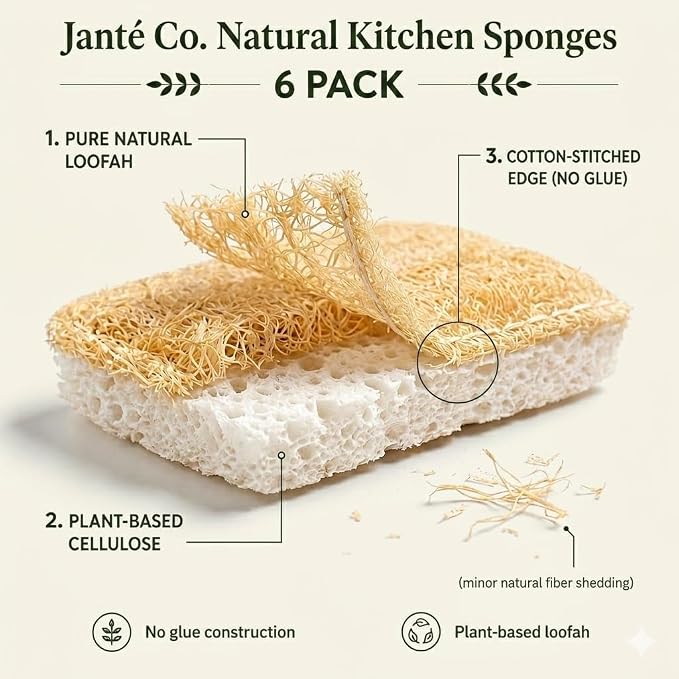 Natural Loofah Dish Sponges by Janté Co. (6-Pack) - Kitchen Sponges | Authentic Natural Loofah - Cotton Stitched - No Synthetic Glue - Air Dry Design - FSC Sourced Cellulose