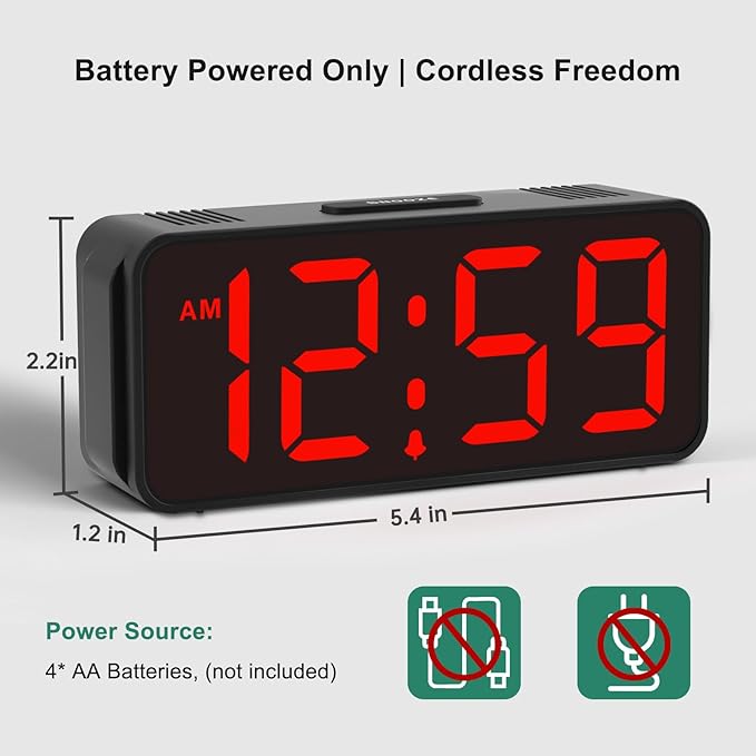 Peakeep Small Mini Battery Powered Digital Alarm Clocks for Bedrooms Bedside, Cordless Tiny Travel Portable Desk Clock, Large Numbers Auto Dimmable, LED Display 4 Dimmers, 5 Alarm Volumes