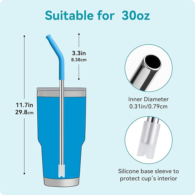 2 PCS 30oz Reusable Straws Ideal for 30oz Stanley Cup & 24oz Tumblers | Stainless Steel Drinking Straw with Anti-Clank Silicone Bottom, Fits Most Medium-Size Mugs
