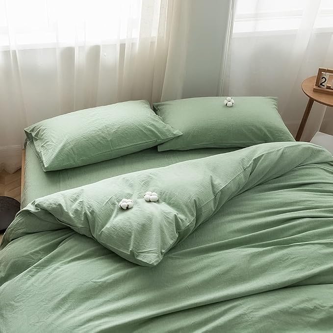 FACE TWO FACE Bedding Duvet Cover Set100% Washed Cotton Duvet Cover Linen Like Textured Breathable Durable Soft Comfy (King, Green)