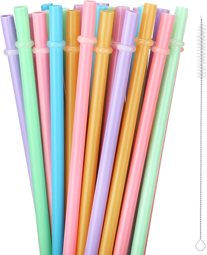 Jovitec 50 Pieces Plastic Straws Reusable for Tumblers Mason Jars Milkshakes Smoothies Reusable Hard Plastic Drinking Straws with Cleaning Brush(9 Inch,Morandi)