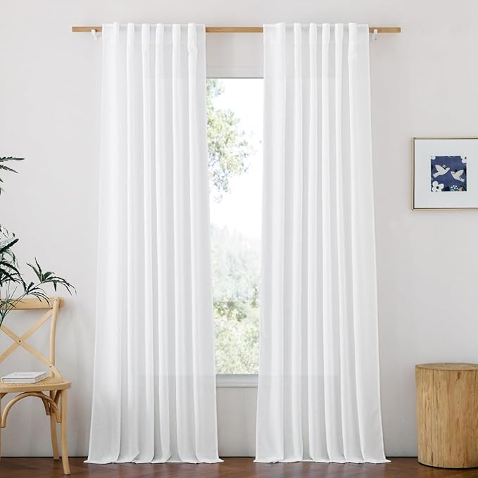 NICETOWN White Linen 120 inch Curtains 2 Panels, Rod Pocket & Back Tab Thick Flax Semi Sheer Window Treatments Privacy Assured with Light Filtering for Bedroom/Living Room, W55 x L120