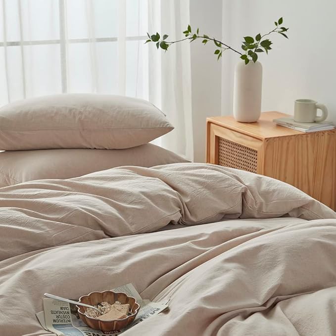 FACE TWO FACE Bedding Duvet Cover Set100% Washed Cotton Duvet Cover Linen Like Textured Breathable Durable Soft Comfy (Queen, Tannish Linen Grey)