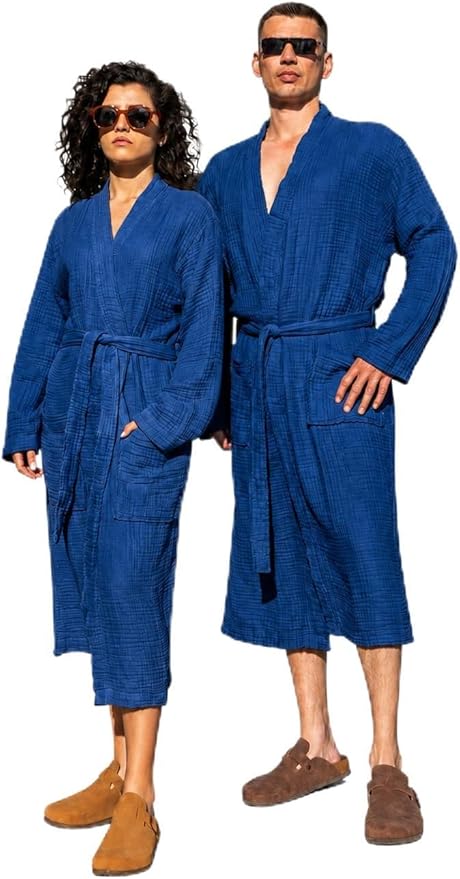 Muslin Unisex Bathrobe Women & Men, 100% Cotton Kimono Lightweight Robe | Long Robes Soft, Absorbent, Spa robes