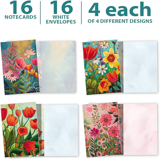 Tree-Free Greetings - All Occasion Cards - Artful Designs - 16 Assorted Cards + White Envelopes - Made in USA - 100% Recycled Paper - 4"x6" - Vibrant Florals (FP54263)