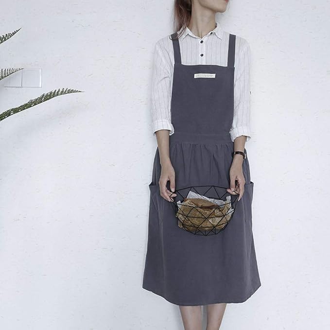 Cotton and linen Kitchen Cooking Aprons Dress for Women with Pockets Cute for Baking Painting Gardening Cleaning