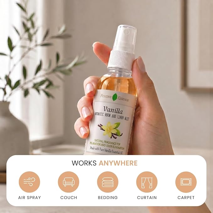 Vanilla Linen and Room Spray, Natural Home Fragrance Made with Pure Vanilla Essential Oil, Perfect Bathroom Air Freshener or Linen Spray