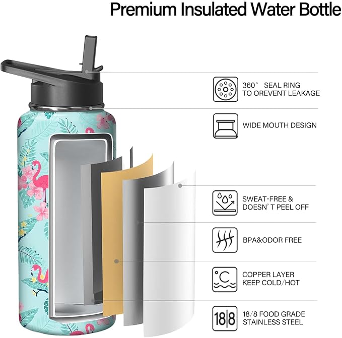 32oz Flamingo Water Bottle with Handle and Flip Straw, Animal Sports Stainless Steel Insulated Cup Travel Coffee Mug Tumbler, Birthday Mothers Day Chritmas Gifts for Women