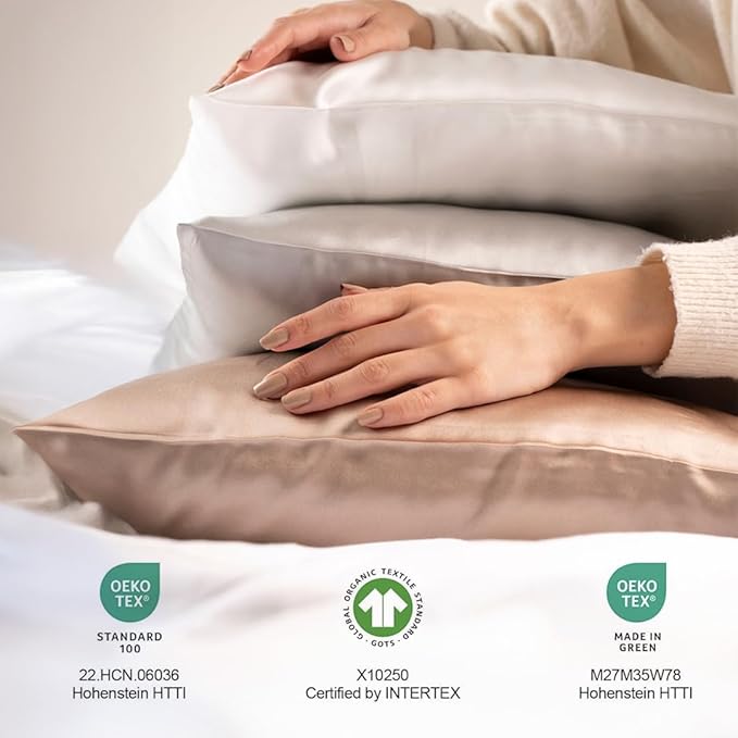 Pure Organic Silk Pillowcase Certified Organic 100% Pure Mulberry Silk Pillowcase 25 Momme Pillowcase (Gray, Standard, Pack of 2)