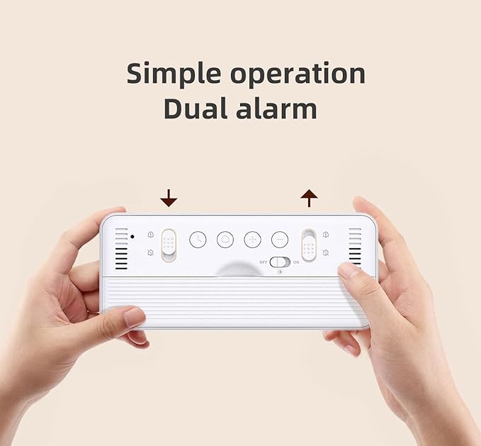 Digital Alarm Clock Battery Powered with Date | Indoor Temperature | Humidity | LCD Display | Dual Alarms | Snooze and Backlight Desk Small Clock (White)