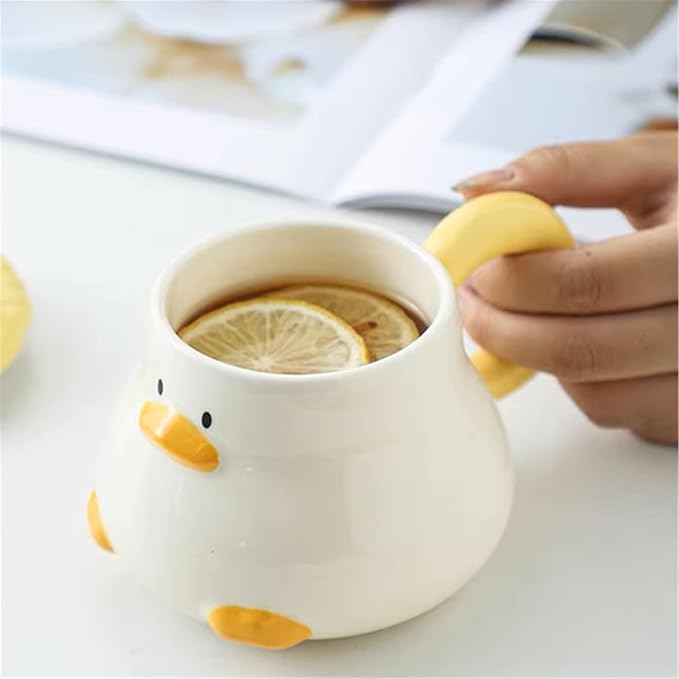 Coffee Mug Cups Ceramic Tea Cup Duck Animal Shaped Handmade Pottery Cute Mugs With Textured Lid Handle Office Home Hot Ice Chocolate Milk Mugs Gifts Microwave Dishwasher Safe 13 Oz Travel Mug (Brown)