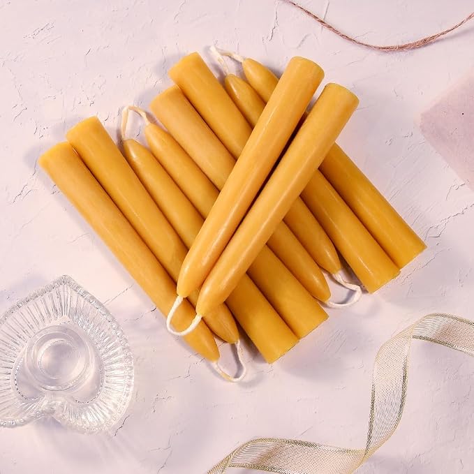 6'' Natural Beeswax Taper Candles Set of 12, DEYBBY Smokeless and Dripless Pure Organic Beeswax Candles, 4-5Hrs Burn Time, Nontoxic