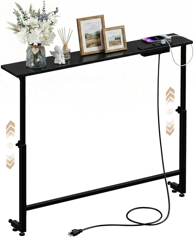 Faesun 33.5 Inch Behind Couch Table, 24"-32" Adjustable Height Range, Behind The Couch Table with Outlet, Adjustable Console Table, Narrow Long Sofa Table, for Living Room, Small Black