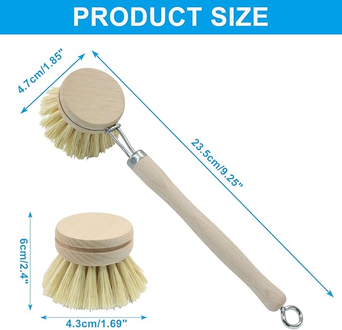 Murtenze Dish Brush with Wooden Handle, Sisal Bristles Brush with 2 Replacement Heads, Natural Wood Dish Scrubber for Washing and Cleaning Pots and Pans (Ring Type)
