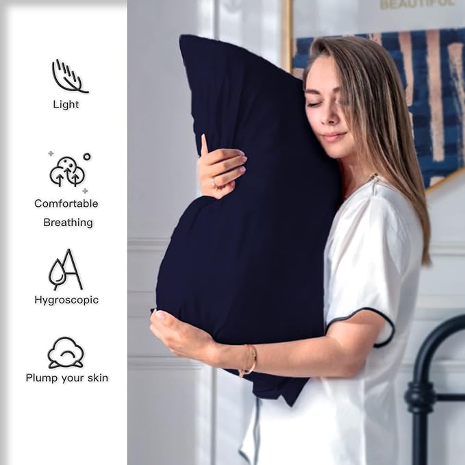 Natural Mulberry Silk Pillowcase for Hair and Skin Queen Size 20"X30" Pillow Case with Hidden Zipper Soft Breathable Smooth Cooling Silk Pillow Covers for Sleeping (Navy Blue,Queen,1Pcs)