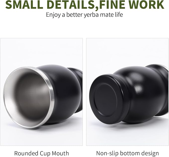 Yerba Mate Cup Set, Includes Stainless Steel Argentina Classic 8.4 oz Mate Gourd, 2pcs Bombilla Straws and Clean Brush (Black)