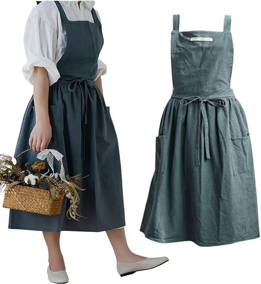 Cotton and linen Kitchen Cooking Aprons Dress for Women with Pockets Cute for Baking Painting Gardening Cleaning