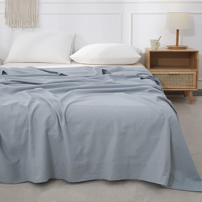 BISELINA Linen Sheet French Flax Flat Sheet Only 55% Euro Linen 45% Cotton Basic Style Solid Color Soft Breathable Farmhouse Top Sheet 1-Piece (Queen, Dusty Blue)