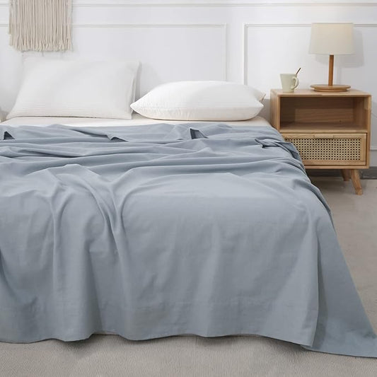 BISELINA Linen Sheet French Flax Flat Sheet Only 55% Euro Linen 45% Cotton Basic Style Solid Color Soft Breathable Farmhouse Top Sheet 1-Piece (Queen, Dusty Blue)