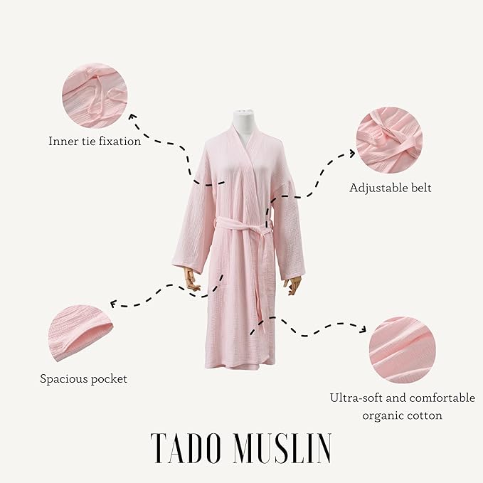 Women's Organic Cotton Bathrobe Long Sleeve Nightgowns Lightweight Waist-Tie Bath Robe for Home Spa Muslin Cotton Beach Wear