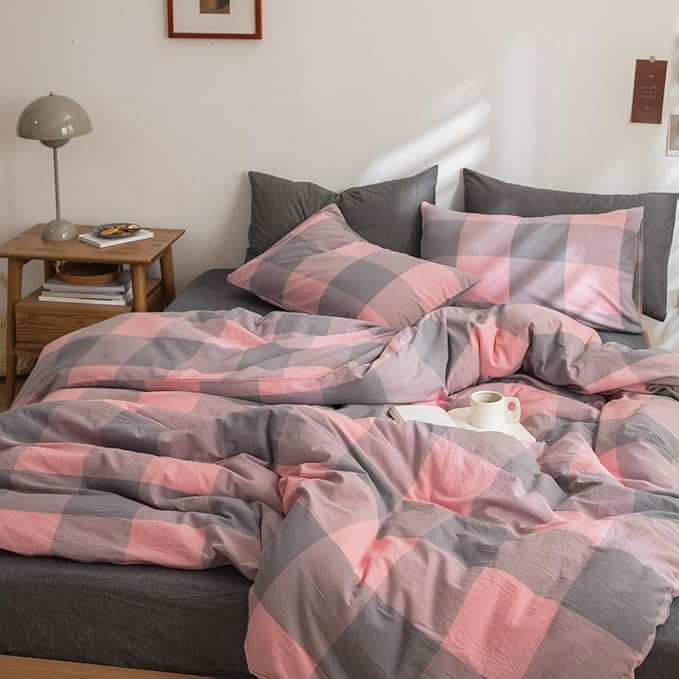 FACE TWO FACE Bedding Duvet Cover Set100% Washed Cotton Duvet Cover Linen Like Textured Breathable Durable Soft Comfy (Queen, Grey Powder Grid)