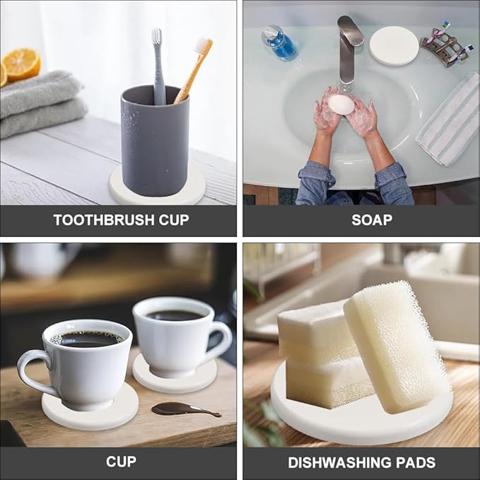 CREATCABIN 3Pcs Water Absorbent Diatomite Coasters Round Diatomaceous Earth Tray 3.9" White Quick Dry Stone Soap Dish Holder Toothbrush Bath Stone Mat for Kitchen Counter Cups Drinks Bottles Plants