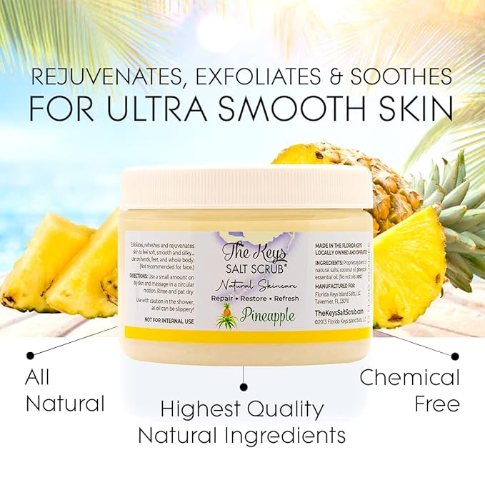 The Keys Salt Scrub -Sea Salt Scrub - Exfoliating Body Scrub with Wooden Spoon - Moisturizing Exfoliator for Hands, Foot, Bath, (12 Ounce (Pack of 3), Pineapple)