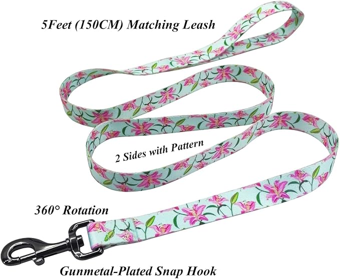 Dog Collar Leash Set, Floral Pattern, Polyester Material, Adjustable Collar and 5ft Matchcing Leash, for Large Dogs.(L, Green Lily)