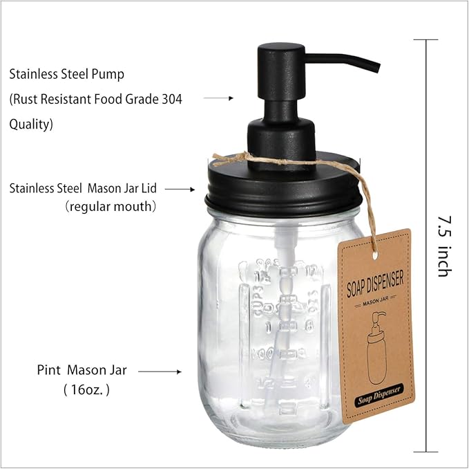 Amolliar Mason Jar Liquid Soap Dispenser, 16OZ Refillable Glass Soap Dispenser for Bathroom, Hand Soap, Dish Soap, Lotion Dispenser for Kitchen, Farmhouse Decor, Soap Pump Bottle, Black 2 Pack