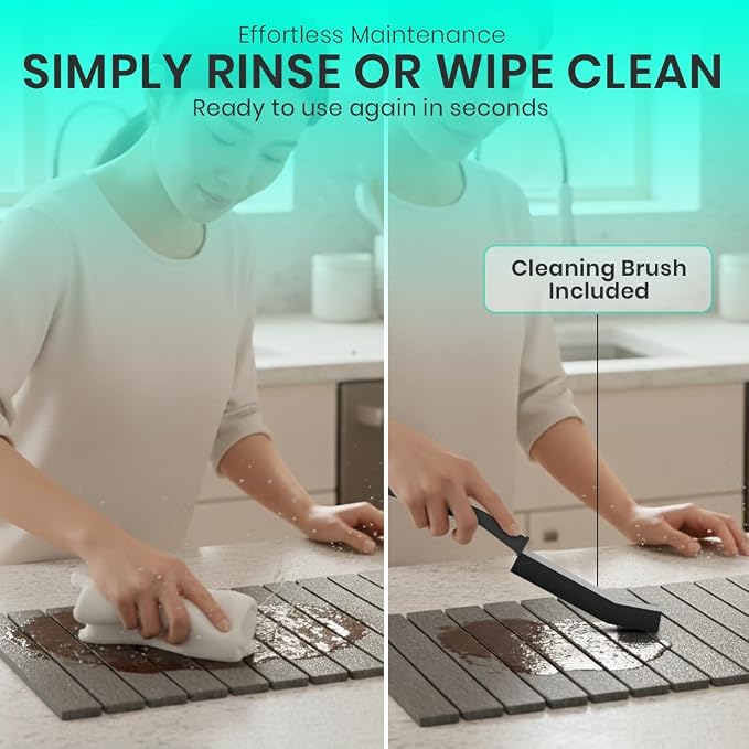 Premium Stone Dish Drying Mat – Large Foldable Kitchen Counter Mat, Super Absorbent Diatomaceous Earth with Coasters, Brush & Anti-Slip Pad – Fast Drying, Dark Gray