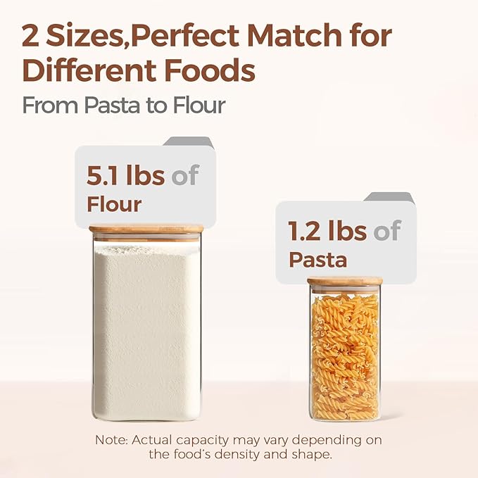 ComSaf Glass Storage Containers with Bamboo Lids 1.6/4.6 Qt 2 Pack | Pantry Organization, Flour Sugar Coffee Beans, Pasta Cereal Dry Food, Large Capacity, Cabinet Organization, Food Storage Jar
