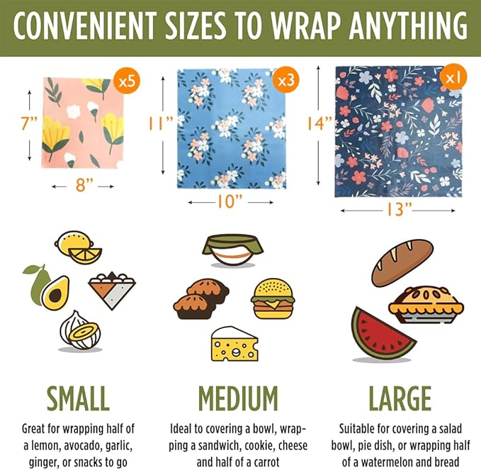 9 Pack Beeswax Wraps for Food, Reusable Organic Cotton Food Storage Covers for Bread, Cheese, Fruit, and Vegetables, Plastic Free Kitchen Supplies, 3 Sizes