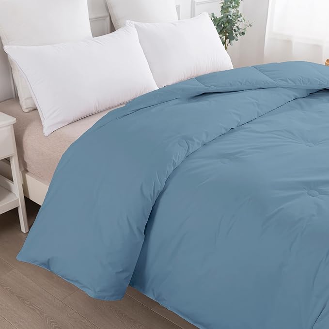 Feather and Loom Button Stitch Down Alternative All Seasons Comforter - Soft and Easy Care Microfiber Cover, Hypoallergenic High Loft Fiber Fill, Machine Washable Color: Blue Fog Size: Full/Queen