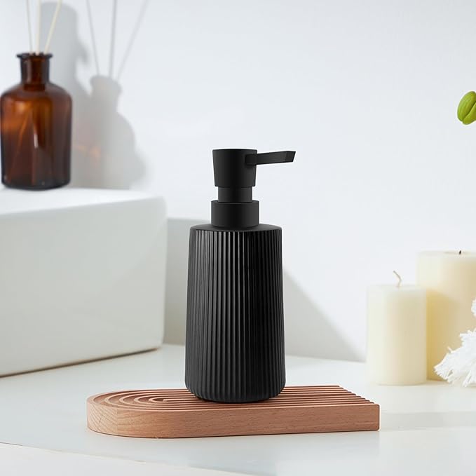Glass Soap Dispenser for Bathroom, 250ml/8.5oz Dish Soap Dispenser with Pump for Kitchen, Modern Minimalist Stripe Style Hand Soap Dispenser, Small Refillable Soap Dispenser (Black 1pc)