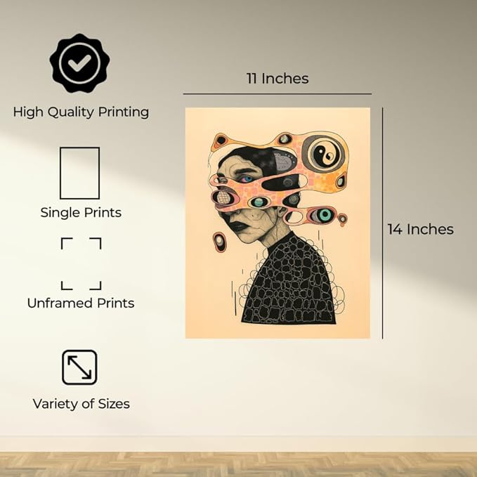 InkFlow Posters Surreal Abstract Portrait Poster - Creative Line Art with Bold Eyes and Geometric Patterns - Modern Graphic Print for Living Room, Bedroom, Office - 11x14 Unframed Canvas Print