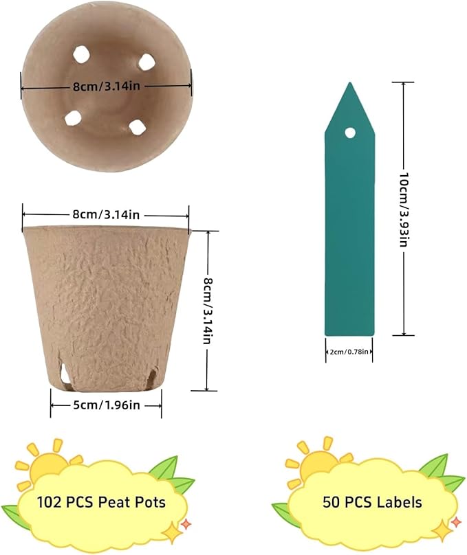 102 Pcs Peat Pots for Seedlings, 3.14 inch Biodegradable Seed Nursery Pot with Drainage Holes, Seedling Pots Include 50 Labels
