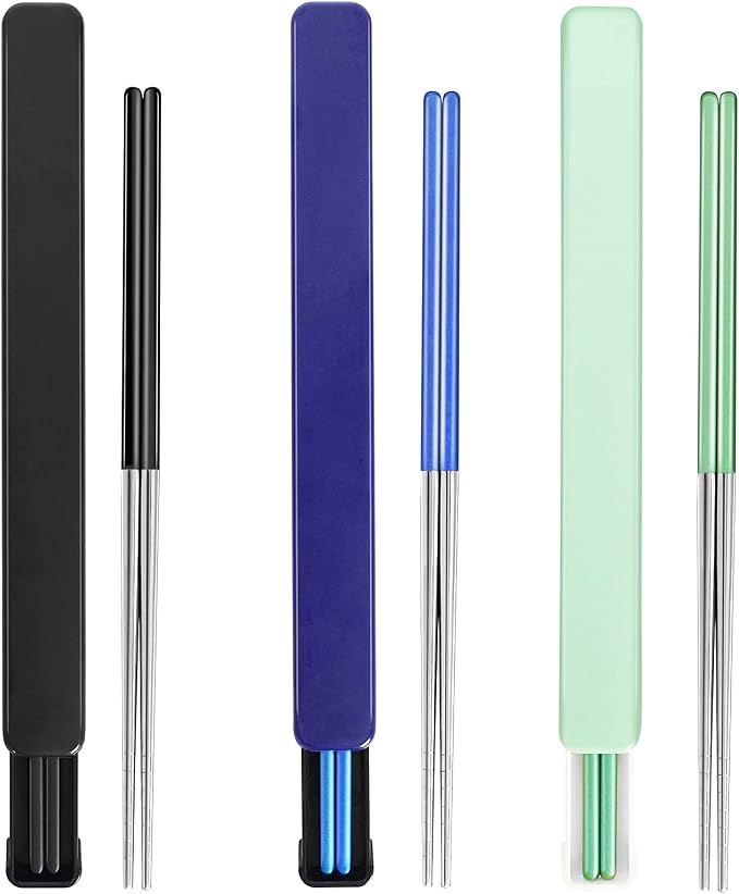 Portable Reusable Stainless Steel Chopsticks, 3 Pairs, Black Blue Green | With Case, For Camping, For Travel, For Bento Box