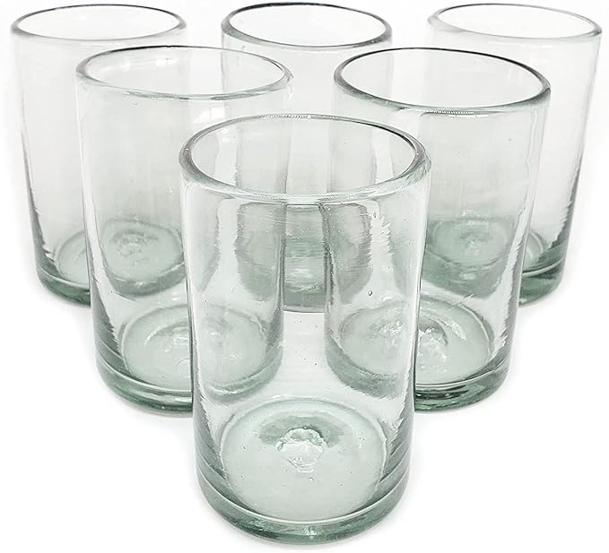 Clear 14 oz Drinking Glasses (Set of 6) | Hand Blown Mexican Glassware | Recycled Glass Drinking Glasses for Water, Juice, Margarita, Cocktails & Whiskey, Lead-Free Toxin Free
