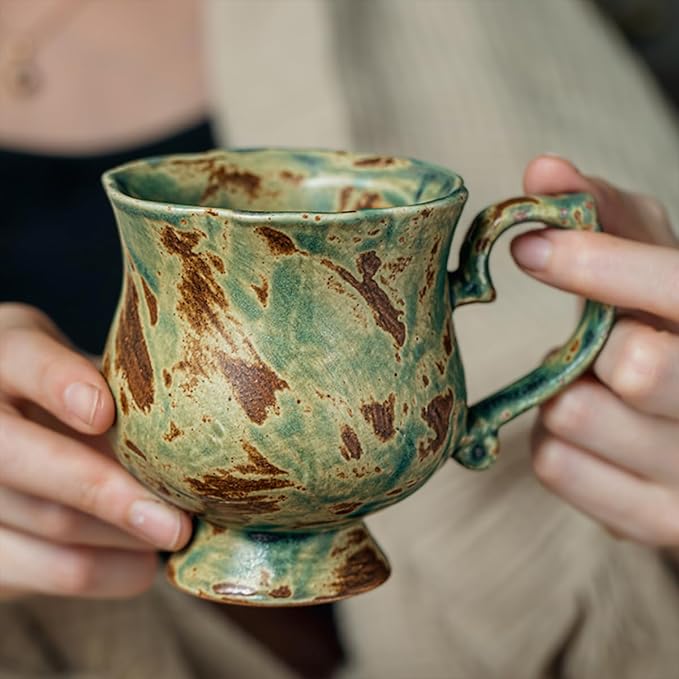 10 oz Footed Ceramic Mug, Turquoise & Brown Glazed Coffee Cup, Rustic Handmade Tea Cup with Handle for Home Office, Dishwasher & Microwave Safe