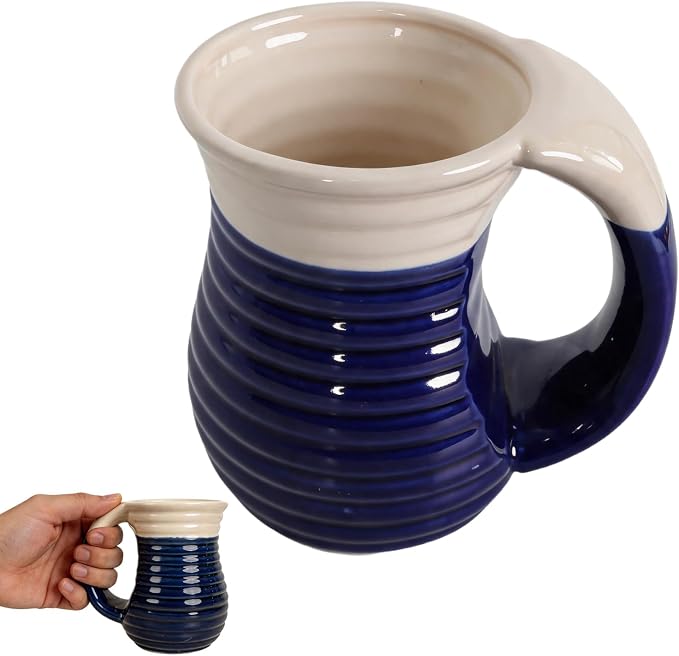 18oz Hand Warmer Ceramic Mug, Handmade Coffee Mug with Contoured Comfort Handle, Microwave Dishwasher Safe for Office Home Daily Use (Blue/White)