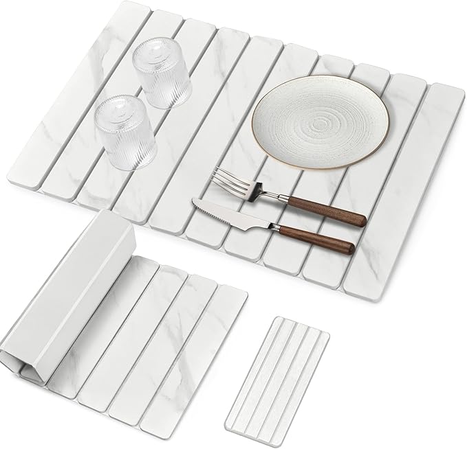 Large Stone Dish Drying Mat for Kitchen Counter, Quick Dry Dish Drying Mats, Foldable Absorbent Diatomaceous Earth Mats for Dishes Bottles Cups, Match Any Countertop (White Marble 24"×16" & 8"x4")