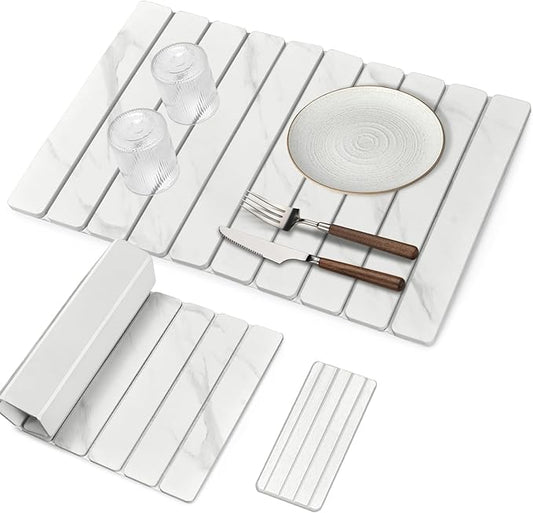 Large Stone Dish Drying Mat for Kitchen Counter, Quick Dry Dish Drying Mats, Foldable Absorbent Diatomaceous Earth Mats for Dishes Bottles Cups, Match Any Countertop (White Marble 24"×16" & 8"x4")