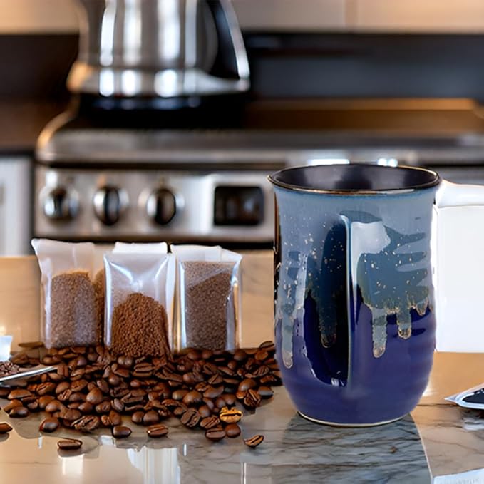 Hand Warmer Mug for Coffee Handmade Pottery (UPGRADED) - 16 Ounce Large Handwarmer Mugs Ceramic with Pocket Handles Gift for New Year Christmas, Keep Your Fingers Warming, Right Handed