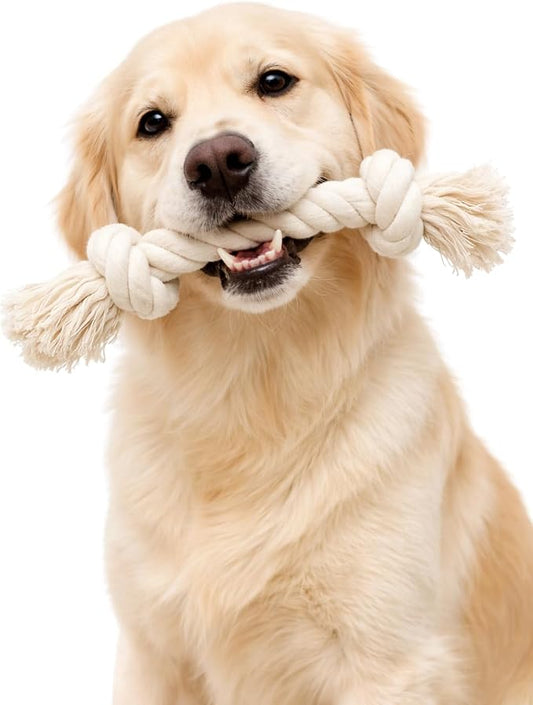 Dog Rope Toy for Aggressive Chewers, Organic Dog Toys, 15 Inch Long X 1-1/8 Inch Thick Indestructible, Heavy Duty Dog Rope Toy (2 Knots)