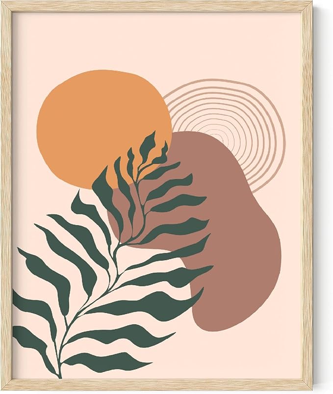 Boho Monstera Leaf Wall Art Abstract Sun Earth Tones Terracotta Mid Century Modern 11x14 Inch Oak Wood Beige Framed Minimalist Botanical Print for Living Room Office