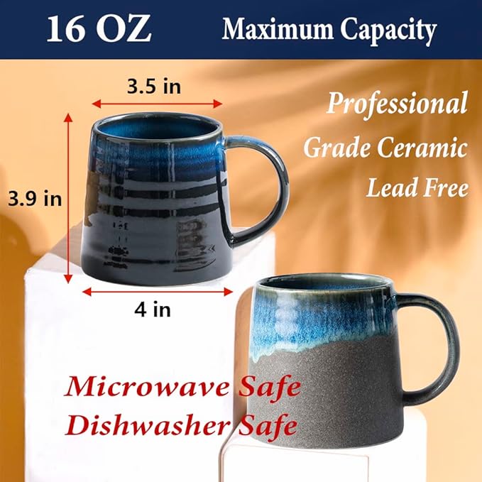 Large Ceramic Coffee Mugs, Handmade Pottery Mug, Tea Cups with Handle for Office and Home, 16 oz, Dishwasher and Microwave Safe (Ink Green)